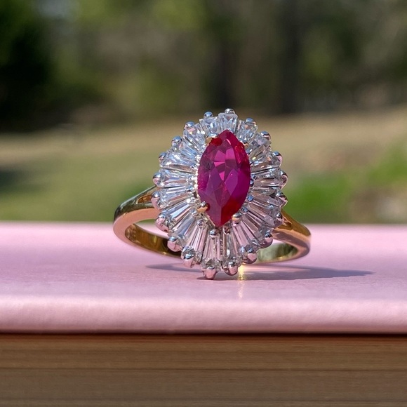 Vintage 18K GE Marquise Baguette Halo Ring Vivid Pink & Clear Stones Size 9 - Picture 1 of 8